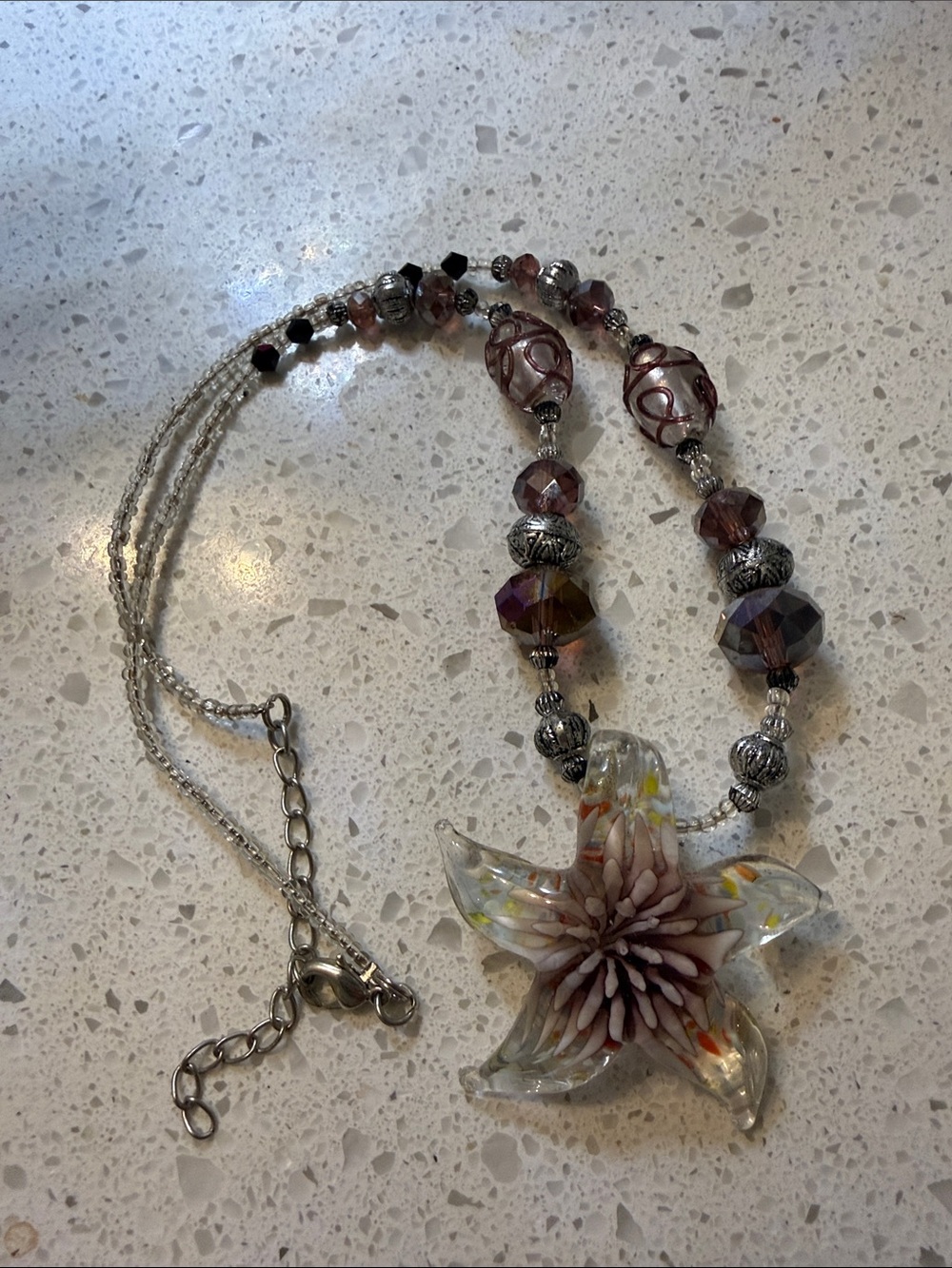 Handmade Glass Flower Pendant Necklace in Mauve and Silver